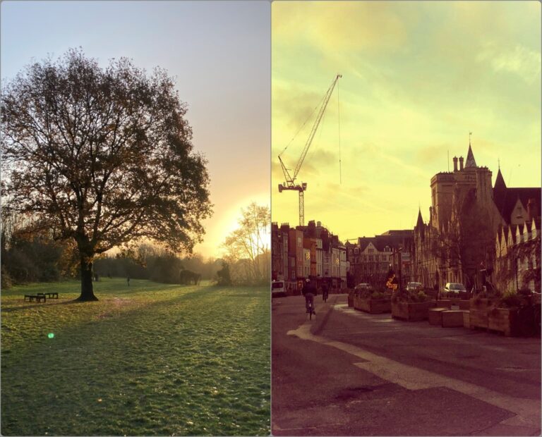 A rural scene and an urban scene